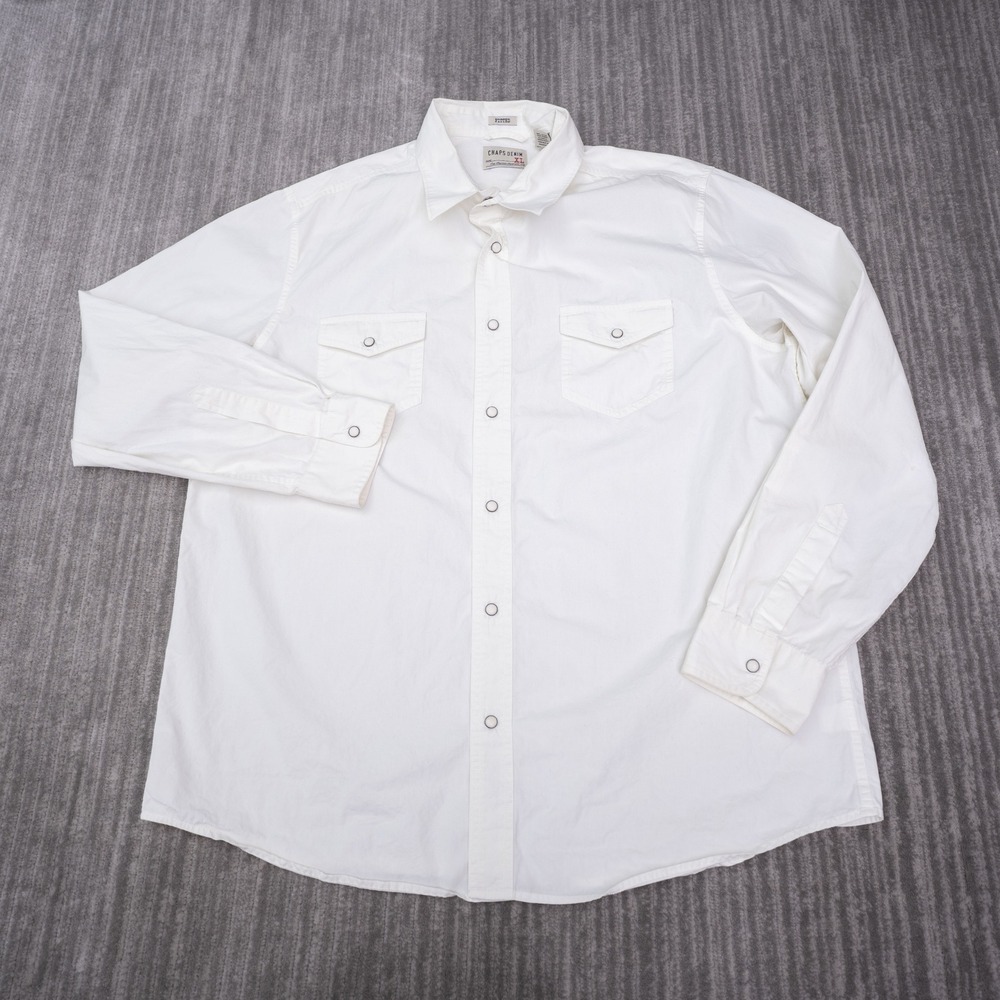 Chaps Denim Shirt Mens XL Fitted White Western Pearl Snap Long Sleeve EUC